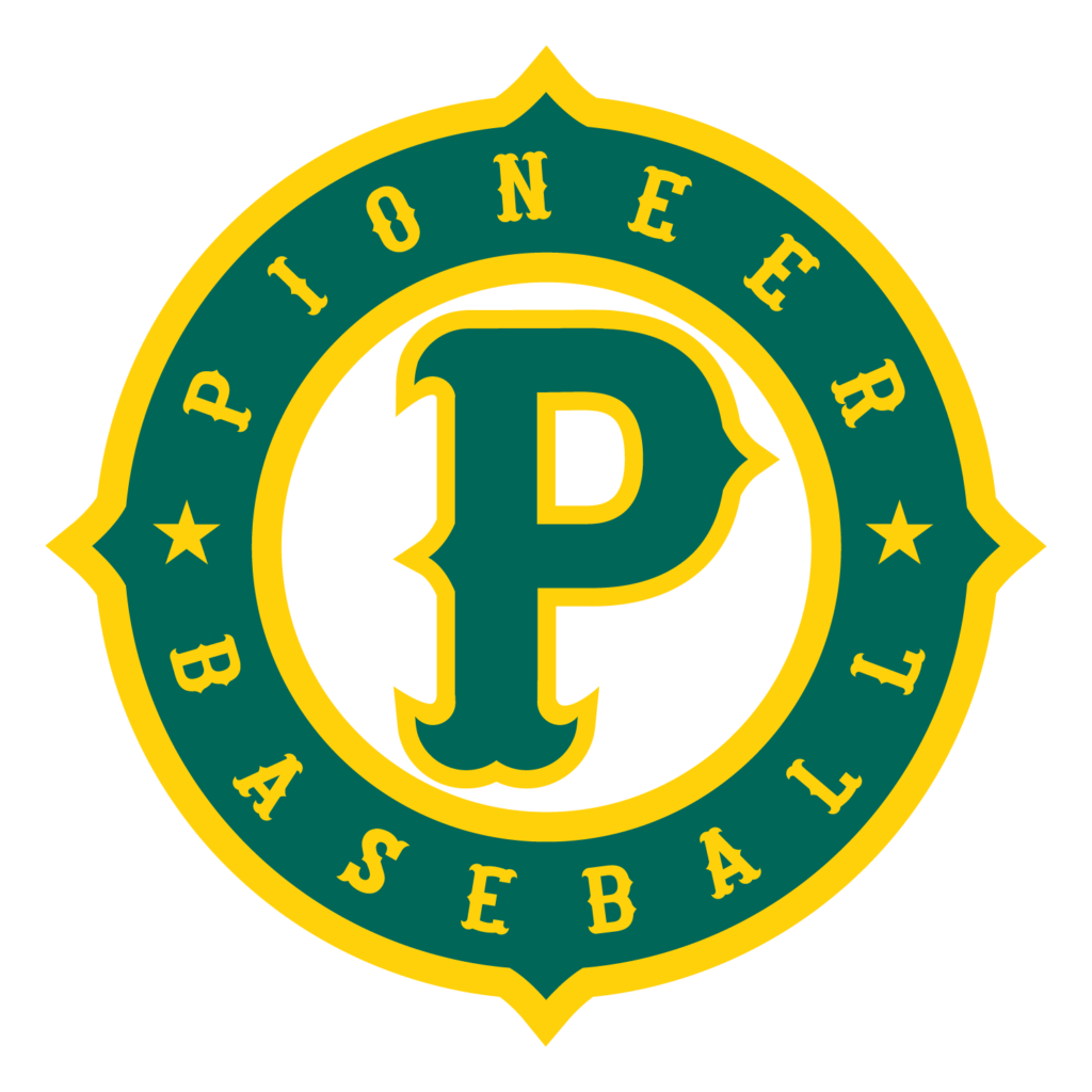 Pioneer Baseball round logo with a P in the middle of a circle, two stars are on either side of the P